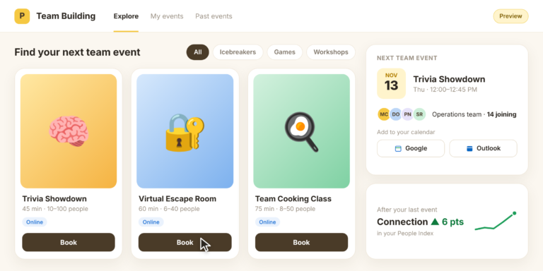 Paddo Team Building preview: browse online team events, add them to Google or Outlook, and see connection rise in your PPI.