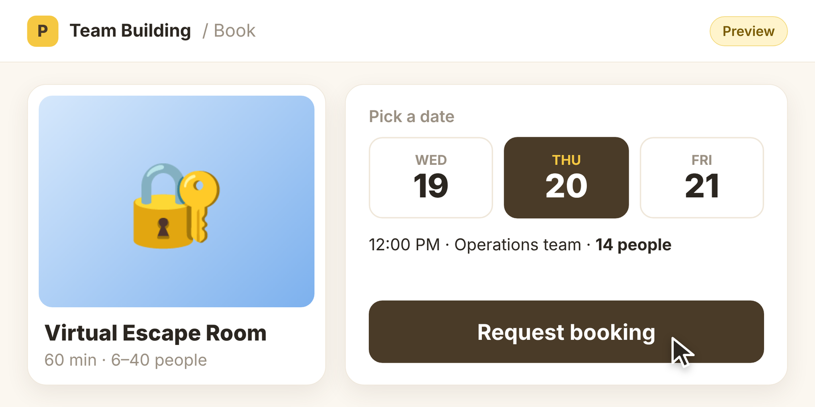 Paddo Team Building booking preview: pick a date for a virtual escape room and request the booking for your team.